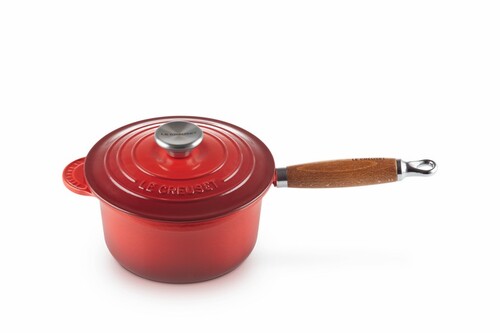 Saucier en Fonte Émaillée avec poignée bois & couvercle 18 cm rouge Cerise